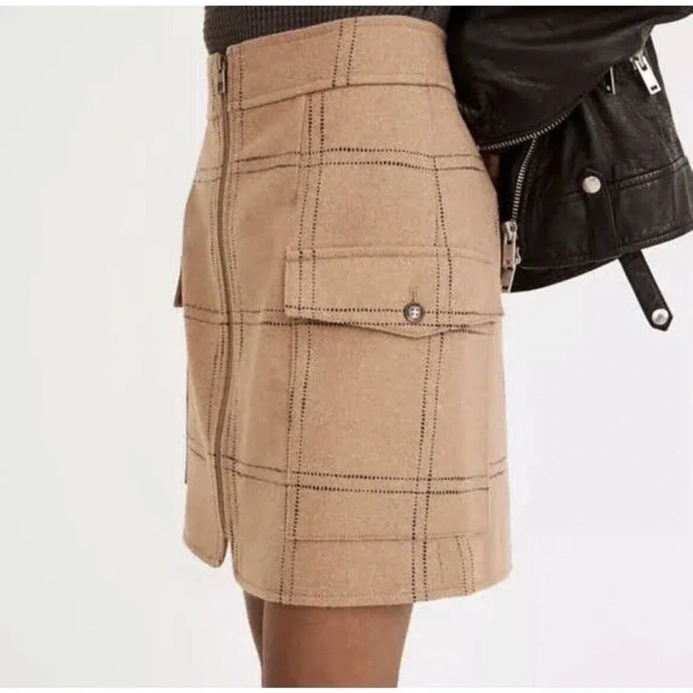Madewell Zip Front Windowpane Mini Skirt Size 6 NWT Camel Brown Wool